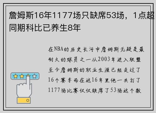 詹姆斯16年1177场只缺席53场，1点超同期科比已养生8年